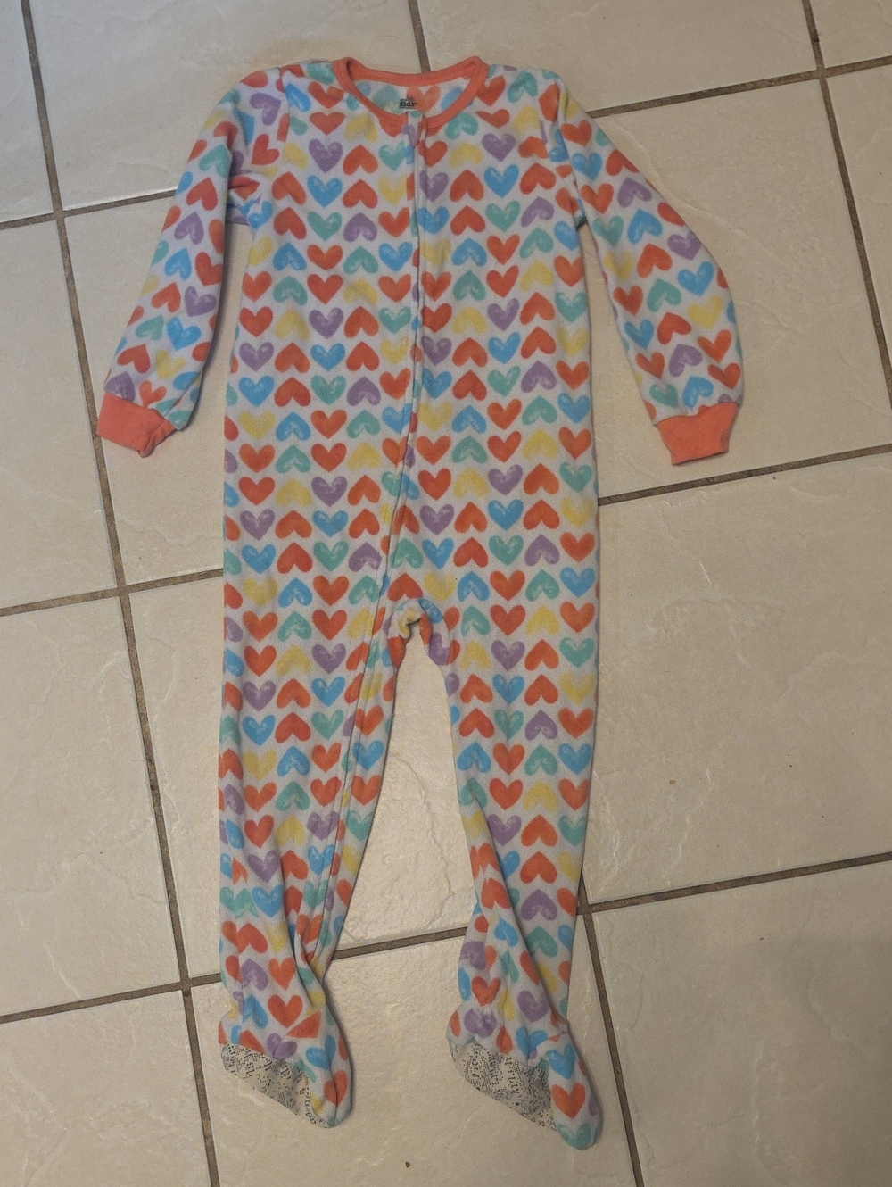 Colorful Heart-Print Footed One-Piece Pajamas for Kids - Coral Trim
